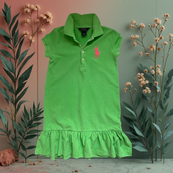 Ralph Lauren Polo Dress for Girl in Green with Pink Logo - Size 6 - Picture 1 of 5
